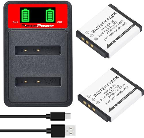 Pickle Power Lot de 2 batteries de rechange NP-50 avec double chargeur USB pour Fujifilm FinePix F50fd F60fd F100fd F900EXR F800EXR F600EXR F550EXR F300EXR F200EXR