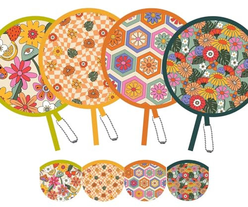 SUJJY 4 Stück Retro Hippie Handventilator Faltbare Mehrrollen Runde Fächer für Reisen, Events, Abschlussfeier, Indoor & Outdoor (Joyful)
