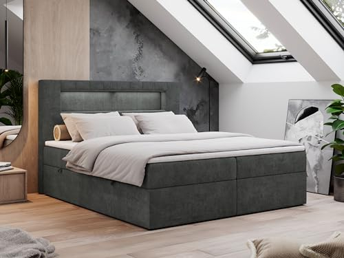 MKS MEBLE Boxspringbett 200x200 mit Led Grau, Polsterbett Bett 200x200 mit LED Kopfteil, Multipocket Matratze H3, Doppelbett mit Bettkasten Stauraumbett - Gold-5 - Dunkelgrau Struktur