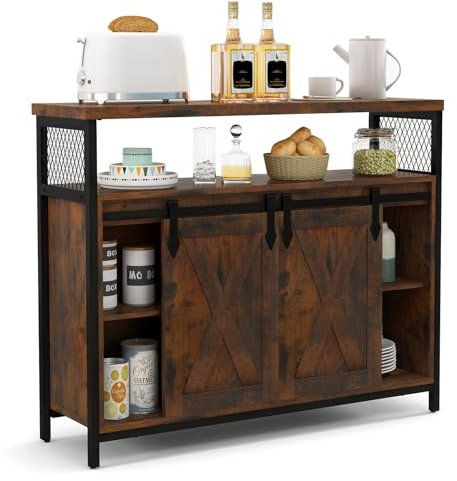 COSTWAY Buffet Cuisine, Armoire de Rangement Cuisine avec 2 Portes Grange Coulissante, 100x33x80 cm, 6 Compartiments Etagères Réglables, Style Campagnard, Buffet Bas pour Salon, Salle à Manger