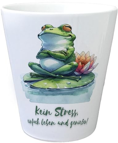 Frosch auf Seerose Blumentopf mit Spruch Kein Stress einfach Leben und genießen Tierischer Freund Lustig sitzender Frosch im See - Wasser Fröhlichkeit statt Stress