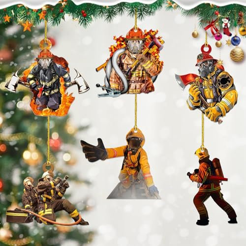TECHEEL 6 Stück Feuerwehrmann Weihnachtsschmuck,Feuerwehrmann Weihnachten Deko Anhänger Weihnachtsbaum Feuerwehrmann Acryl Ornamente Weihnachtsbaum Anhänger für Wandfenster, Weihnachten Dekorationen