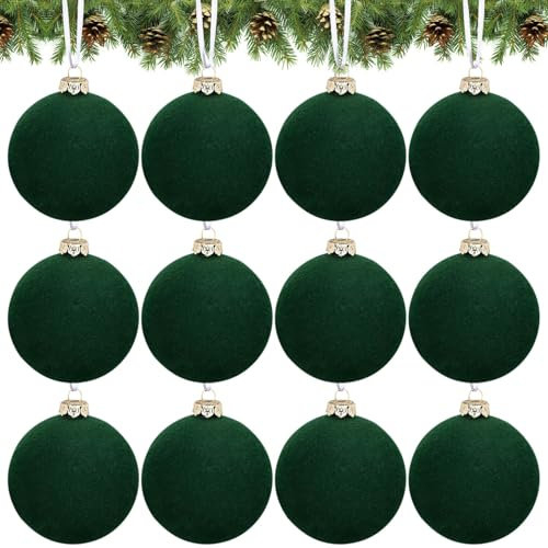 Gyrategirl 12 Pcs Velvet Christmas Ornaments - Flocked Shatterproof Xmas Balls 6cm Baubles for Christmas Tree Winter Decorations (Green)