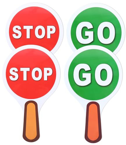 Lot de 4 panneaux stop and go double face, panneaux lumineux rouges et verts, panneaux d'arrêt rouges, décorations de fête de 24 x 15 cm, panneau avec poignée pour sécurité routière