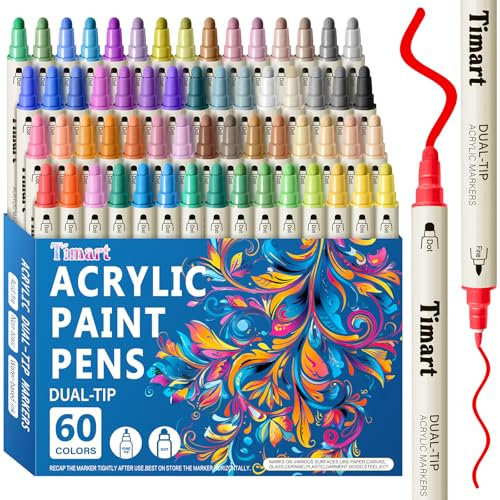 Timart 60 Colors Acrylic Paint Pens, Dual Tip Acrylic Paint Markers for Wood, Stone, Canvas, Pumpkin, Rock Painting, Glass, Ceramic Surface, DIY Crafts Making Art Supplies for Kids and Adults