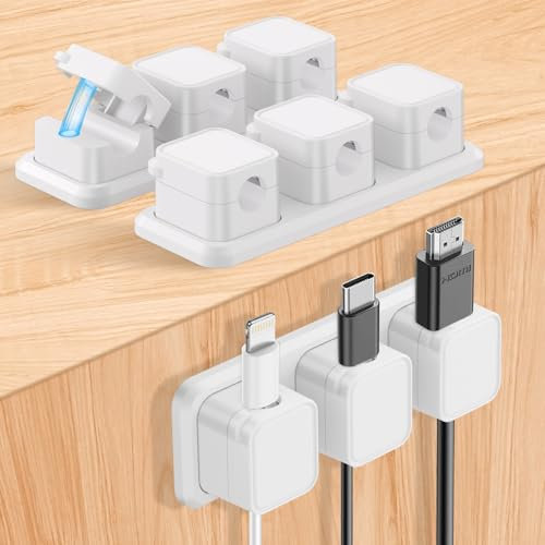 Alaoo Clips Câble Organisateur Bureau, 3Pcs Organisateurs de Câbles Magnétiques avec Base Fixe, Range Câbles Silicone Fixe pour Câbles de Chargeur/Souris/Écouteur/Ustensiles de Cuisine, Blanc