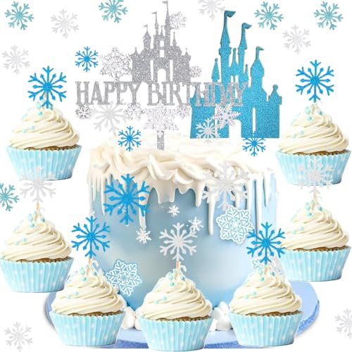 Drookaen Frozen Tortendeko, Schneeflocke, Happy Birthday, Acryl Glitter Schloss Tortendeko Cupcake Topper, Eiskönigin Cake Topper, Kuchen Deko für Mädchen Kinder Geburtstag Party