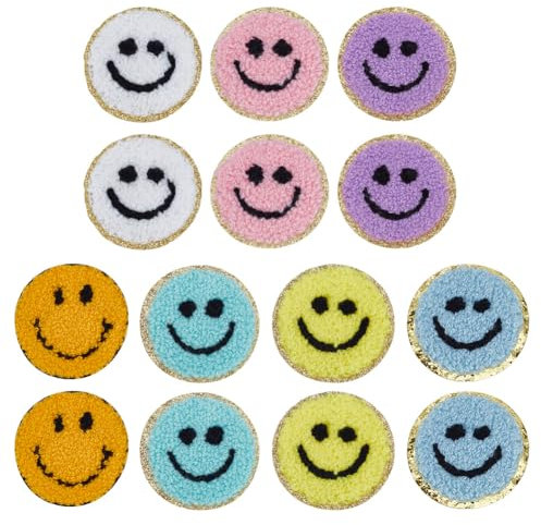HOBBIESAY 14 Stück Aufnäher Mit Smile Gesicht Zum Aufbügeln Aufnäher Mit Happy Face Handtuch Stickerei Applikationen Zum Aufnähen Pailletten Applikation Für Rucksäcke Hüte Kleidung Jacken Nähen