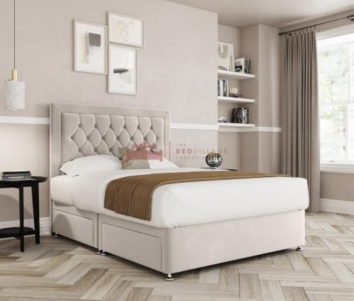 THE BED VILLAGE YORKSHIRE Edinburgh Double (4ft6) Divan Bed with Mattress, Headboard & 2 Drawers Foot End | Cream Plush Fabric | Premium British Timber | Sustainable Handcrafted Design
