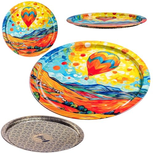 KADAX Serviertablett aus Metall, 32.5 cm Durchmesser, Rundes Deko Tablett mit erhöhtem Rand und stilvollem Design, Dekoteller Rund (Heißluftballon)