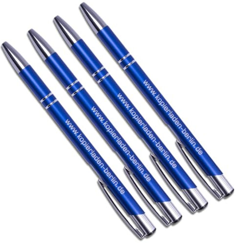 Kopierladen Karnath GmbH Personalisierbarer Kugelschreiber mit eigenem Text und Logo gestalten - Blauer Kuli aus Metall mit Ansteckclip, blaue Tinte, 100 Stück,