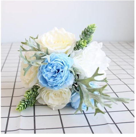 XXAD553TY Künstliche Blumen Rosen-Simulationsstrauß, Brautjungfern-Hochzeitsstrauß, künstliche Seidenblume, Pfingstrose, Geweih, Farn, saftiges Laub, Blaue Hochzeitsblume Fälschung(Blue)