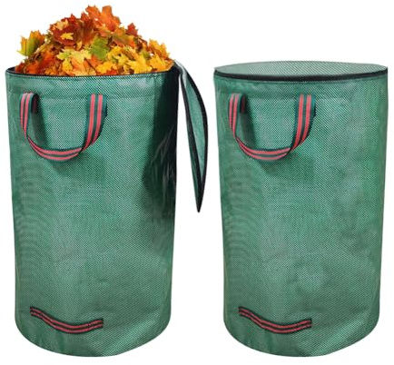 Gartenabfallsack 272L x 2 mit Deckel, Stabile Laubsäcke 150g/m², Wasserdicht und Faltbar, Selbststehende Grünschnittsäcke mit Griffen, Wiederverwendbare Gartenmüllsäcke für Zweige und Gartenabfälle