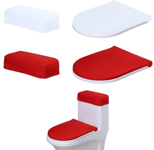 4 Pack Toilet Seat Cover with Tank Covers Set，Toilet Tank Lid Cover ，Bathroom Toilet Seat Cover with Elastic Bottom，Universal (White + red)