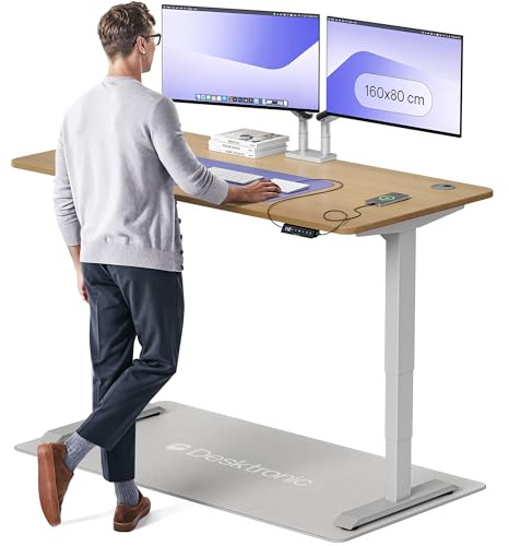 Desktronic Höhenverstellbarer Schreibtisch aus massivem Eichenholz (160x80cm) – Elektrisch höhenverstellbar mit flüsterleisem Dual-Motor & Touchscreen – Hohe Tragfähigkeit – Stehtisch HomePro
