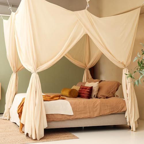 Cremebeiger Betthimmel für Doppelbett | Rechteckiges Luxuriöses Moskitonetz | Dekorativer Baldachin für Bett XXL | Himmelbett Vorhänge, 4 Öffnungen