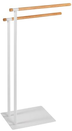 Yellowshop - Piantana Bagno “Blancos” in Metallo Bianco Opaco e Legno Naturale – Porta Asciugamani o Porta Rotolo WC con Scopino – Design Minimal e Salvaspazio (Porta Salviette)