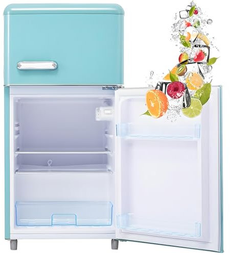 Frigorífico retro con congelador, frigorífico de 72 litros con congelador de 21 litros, frigorífico pequeño con compartimento para verduras, 120 kWh/año, luz LED.,Blue