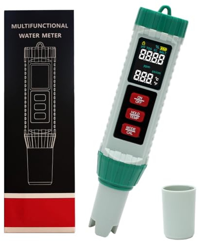 Testeur d'eau multifonction 5 en 1, pH, pH/TDS/EC/sel, mesure de la température avec écran LCD, testeur d'eau de haute précision pour l'eau potable, piscine, aquarium, hydroponique et test de liquide