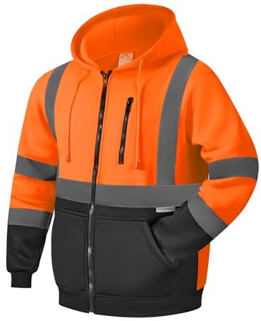 HYCOPROT Felpa ad Alta visibilità per Uomo Hi Vis Viz Felpa con Cappuccio di Sicurezza Felpa Leggera Giacca da Lavoro Riflettente Tasche Cappotto di Sicurezza con Cerniera e Coulisse EN ISO 20471