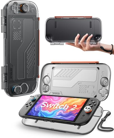 JEMDO Slim Protective Carry Case for Nintendo Switch 2 with 2 Skull Joystick Caps, Shockproof Dustproof Hard Shell Travel Cover, Raised Joystick Guard, Charge Port, Secure Lock & Wrist Strap