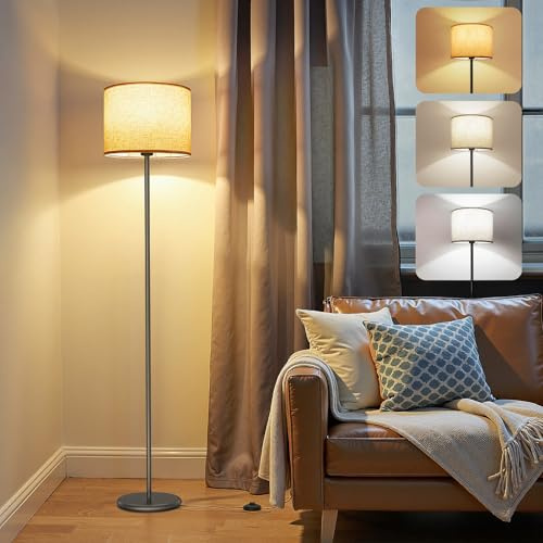 AmazeFun Floor Lamps for Living Room, 62 Tall Standing Lamp with Beige Lampshade, 3 Color Temperatures, Foot Switch, Modern Floor Lamp for Bedroom, Living Room, Office,Home Decoration(Bulb Included)