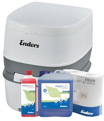 Enders Campingtoilette Supreme medium+ Set, komfortable Höhe, Transportrolle & Klopapierhalter, inkl. 2,5L Blue+ + Rinse+ + 4 Rol. WC-Papier, biologisch abbaubar, Camping WC & Chemietoilette weiß