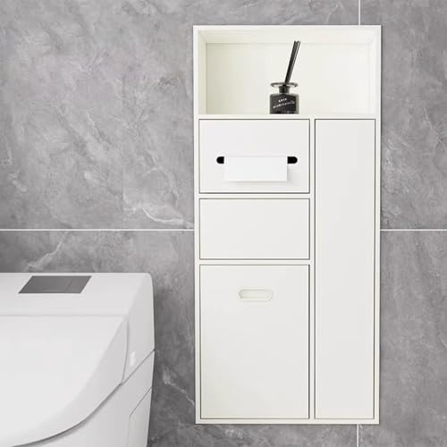 Vibeo Wandnische Dusche Eingebauter Toilettenpapierhalter mit Ablage, Wandeinbau-Badezimmerschrank, Versteckter Toilettenpapierhalter aus Edelstahl 304 mit Tür(White)