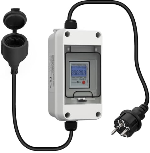Kamtop Mobiler Digitaler Stromzähler, Mobile Outdoor KWH Messgerät für Schuko mit Reset, IP65 wasserdicht, 0,9 m Gummikabel, 230V 16A Zwischenzähler zur Stromverbrauchsmessung für Haushalt & Geräte