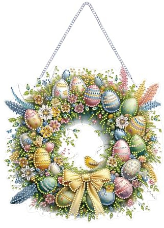 Kaezuy Diamond Painting Ostern Kranz, 5D Diamond Painting Ostern Anhänger, DIY Handwerk Diamant Malerei zum Aufhängen, Frühlingdeko Hängende Fensterbilder für Tür Wand Dekoration (Stil-D)
