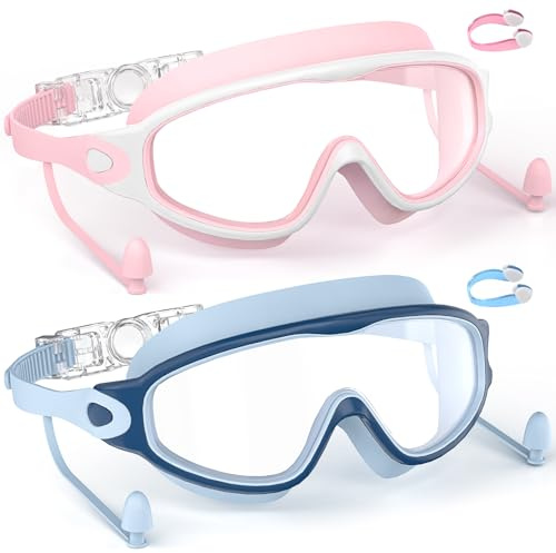 SHINER Lot de 2 Lunettes de Natation Enfants - Grand Champ de Vision HD 180°, Anti-Buée & Protection UV,Silicone Doux Réglable,avec Bouchons d’Oreilles & Pinces-Nez - Cadeau Garçons et Filles 3-15 Ans