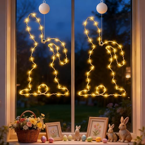 Osterdeko LED Fenster Lichterkette 2 Stück, Ostern Deko Hase Lampe für Fensterbeleuchtung Batteriebetrieben, Hasen Saugnapf Licht mit Timer, Frühling Innen Osterdekoration Lichter (Warm-32x19cm)
