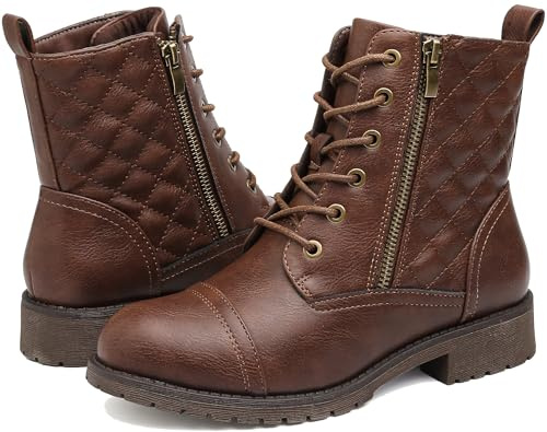 todaysunny Stiefeletten Damen Schnürstiefel Springerstiefel Schwarz Leder Wasserdichte Stiefeletten mit Reißverschluss Niedriger Absatz Schuhe Herbst Winter Combat Boots