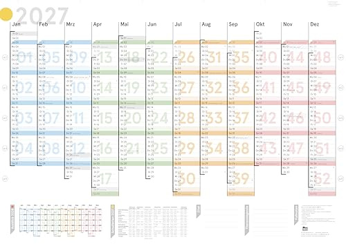 weekview Wandkalender 2027 DIN A1 quer - XL Jahresplaner, gefaltet | Großer A1-Jahresplaner im Querformat, gefaltet geliefert - Wochenstruktur, Feiertage und Schulferien, für Büro und Familie