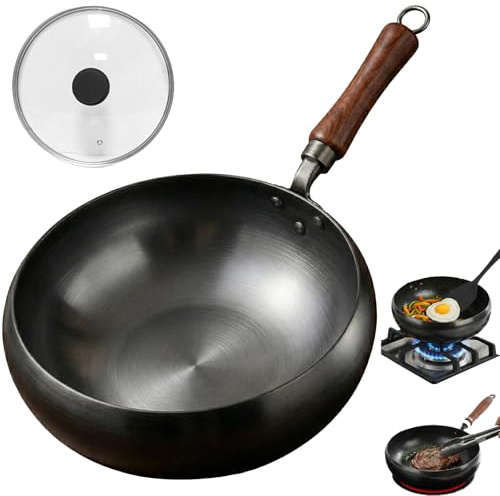 GHRKLP Japanischer Gusseisen Wok Unbeschichtet Dicker Eisentopf, 10 cm Hoher Rand zum Pfannenrühren, Schnell Erhitzender Gusseisen Wok, Holzgriff, Induktionsgeeignet(Plain pan)