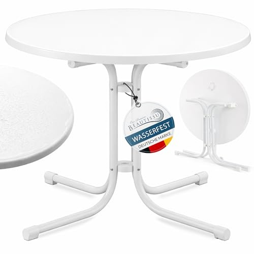 Beautissu Bistrotisch Outdoor Rund wasserfest wetterfest klappbar 70cm | Ø80cm weiß Beistelltisch Balkontisch Gartentisch Campingtisch Partytisch Esstisch Gastro hoch runder Klapptisch Bistroni