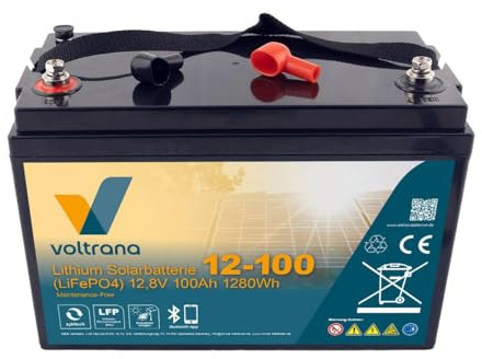 voltrana LiFePO4 100Ah Lithium Batterie 12V Solar-Batterie Solarakku | 1280Wh, Anschluss F12 (M8), Schutzklasse IP65, absolut wartungsfrei, mit Bluethooth & Heizung