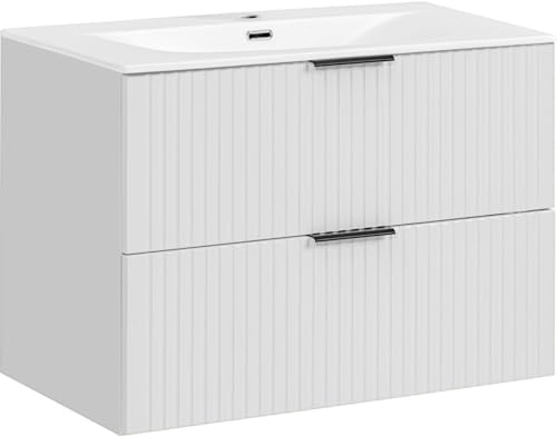 WFL GROUP Waschtischunterschrank mit Integriertem Keramik-Waschbecken – Wandhängend, Geriffelte Soft-Close-Schubladen, Rillenfronten in Weiß Matt – 80 cm Breit
