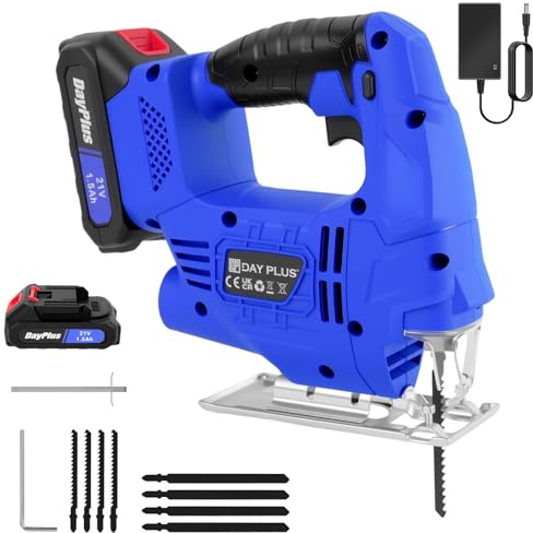 Upgraded Electric Jigsaw Tool, 400W 3000 SPM 21V Cordless Jigsaw with Li Battery and Charger, LED Light, 8PCS Blades, -45° to +45° Bevel Cutting Powerful Jig Saw Cutter for Wood Metal Plastic, Blue