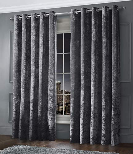 Intimates Luxury Thermal Crushed Velvet Charcoal Dark Grey Ringtop Pair of Curtains (66 Wide x 54 Drop)