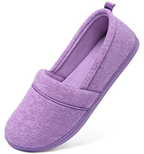 EverFoams Ladies' Memory Foam Comfort Cotton Knit House Shoes Light Weight Terry Cloth Loafer Slippers w/Anti-Skid Rubber Sole, Purple, 6 UK