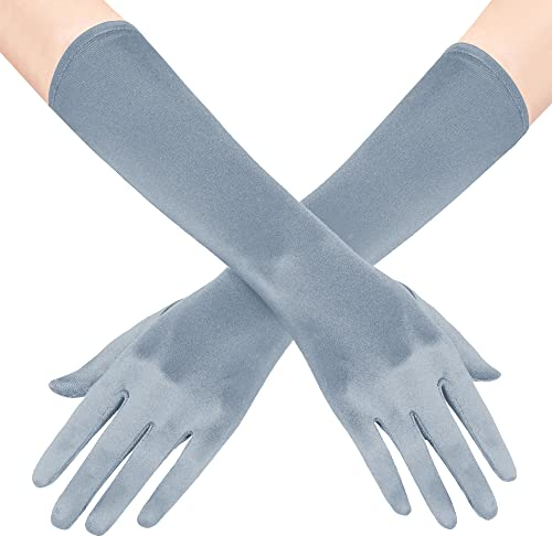 BABEYOND Lange Opern-Party-Handschuhe aus Satin, dehnbar, Erwachsenengröße, Ellenbogenlänge 38,1 cm, silber, Einheitsgröße