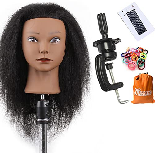 Xtrend Tête de mannequin avec de vrais cheveux Coiffeur Tête d'entraînement Mannequin Cosmétologie Tête Coiffeurs Pratique Tête d'entraînement pour la coiffure (Pince de table incluse)
