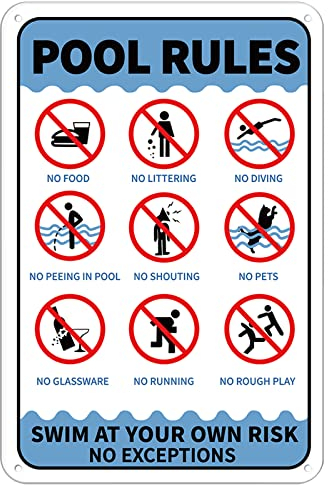 GLOBLELAND Aufschrift Pool Rules Swim at Your Own Risk No Exceptions Unterzeichnen Sie 20x30 cm 0.9 mm Aluminium Warnschild, UV geschützt und wasserdicht