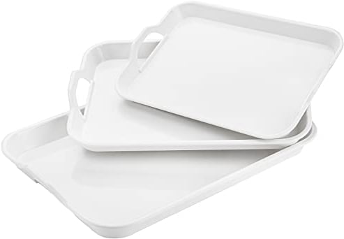 YOUEON 3 Pack White Large Melamine Serving Tray with Handles, 17/15/13 Inch Rectangular Serving Platter Set, Food Serving Trays for Party, Entertaining, Appetizer, Buffet, Dishwasher Safe