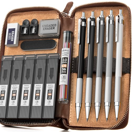 Nicpro 17 Métal Porte-Mines 2mm, Art Crayon Mécanique Criterium avec 2.0 mm (Mines Noir & Couleurs)(4B 2B HB 2H 4H) Gommes, Taille Crayon, pour Dessin Esquisse Architecture écriture Charpentier