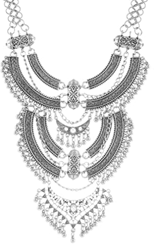 YAZILIND Schlüsselbein Chunky Bib Halskette Layered Quasten Strass Übertrieben Vintage Ethnic Lange Gravierte Bohemian Statement (Antikes Silber)