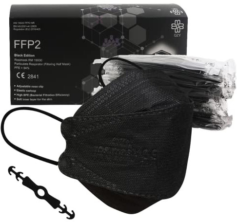 5RMED FFP2 Maske Fischform Schwarz Koreanisches Modell Schachtel à 25 Stück Mit Gummiband und anpassbarem Nasenbüge 5 Filtrationsschichten | FFP2 Masken