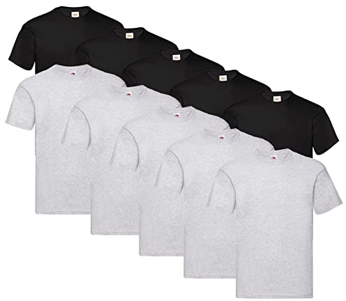 Fruit of the Loom Men's Original T-Shirt (Pack of 10), 5 x Black + 5 x Grey + 1 Hl Purchase Notepad, XXXXX-Large