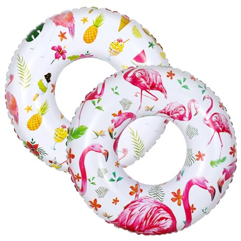HeySplash Cartoon Schwimmring, Aufblasbar Haltbar Runde Schwimmreifen Flamingo Sommer Pool Beach Party Lounge Floßrohr Spielzeug mit Reparatursatz für Erwachsene 80 cm Durchmesser, Weiß+Rosa/Gelb